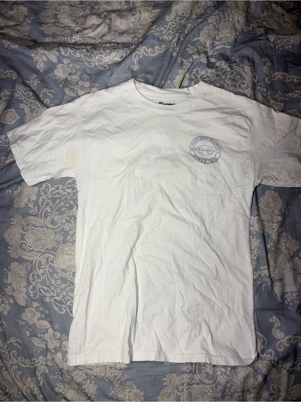 Champion White Short-Sleeve Tee with Small Chest Emblem